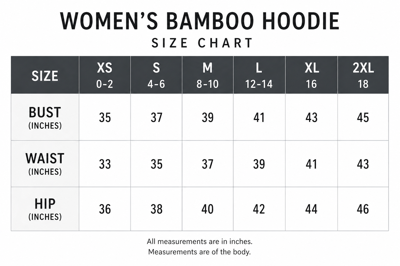Bamboo Hoodie Size Chart