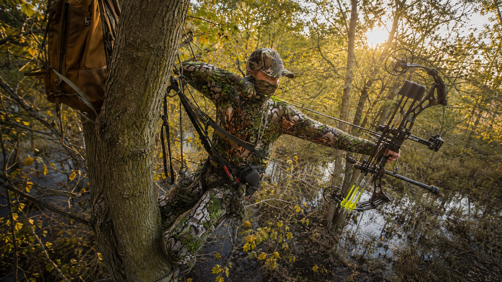 Bowhunter wearing Treezyn Early Seezyn gear in the woods