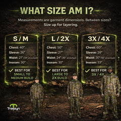 Size chart for camouflage clothing with measurements and models to visualize sizes.