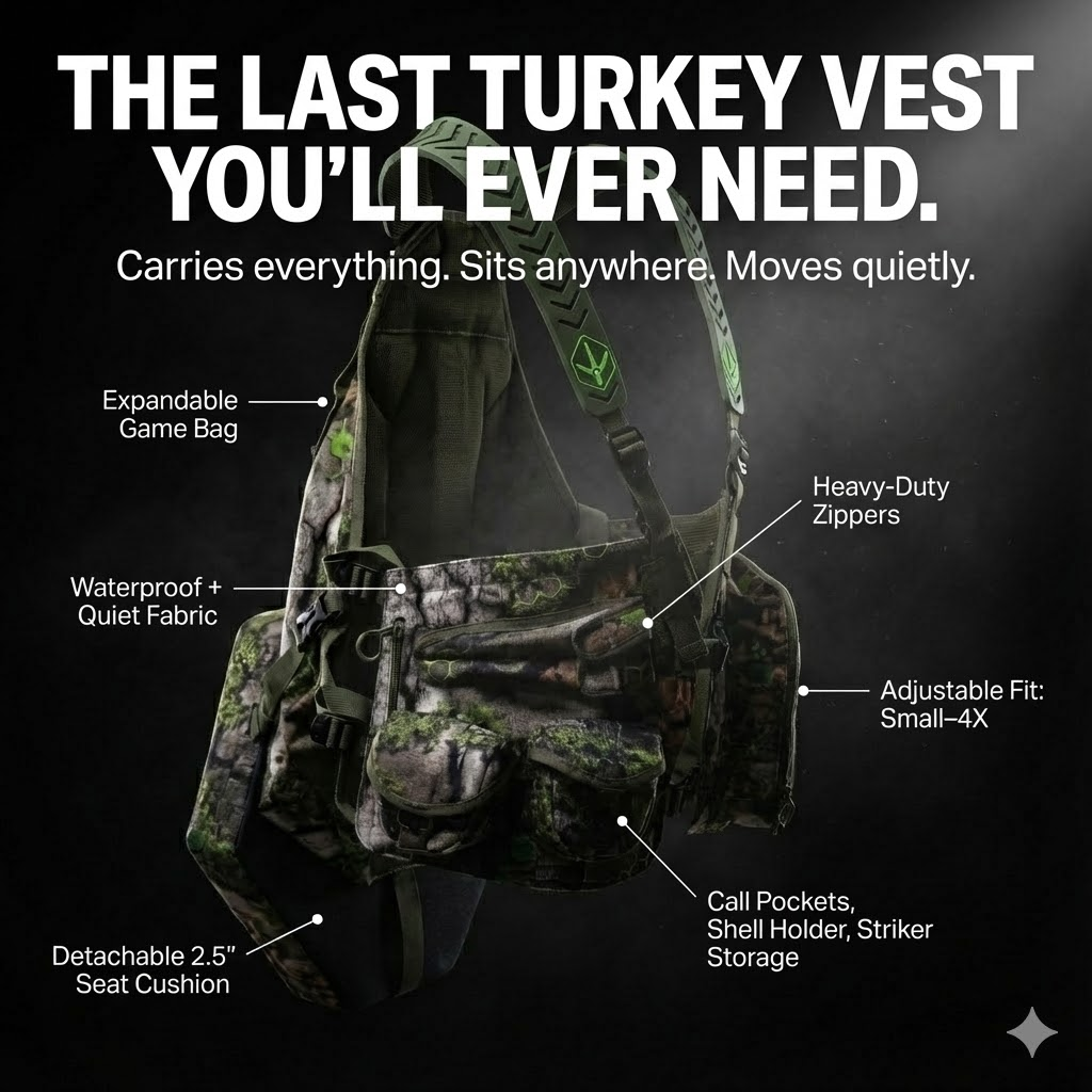 Turkey vest pocket diagram — box call, slate calls, mouth call storage, shell sleeves