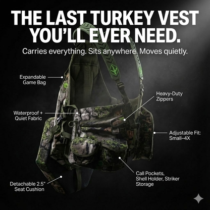 Turkey vest pocket diagram — box call, slate calls, mouth call storage, shell sleeves